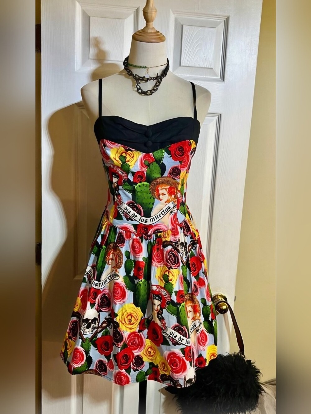 Hell Bunny Wms Floral Cotton Retro Pin-up Dios Los Muertos Pleated Mini Dress XL